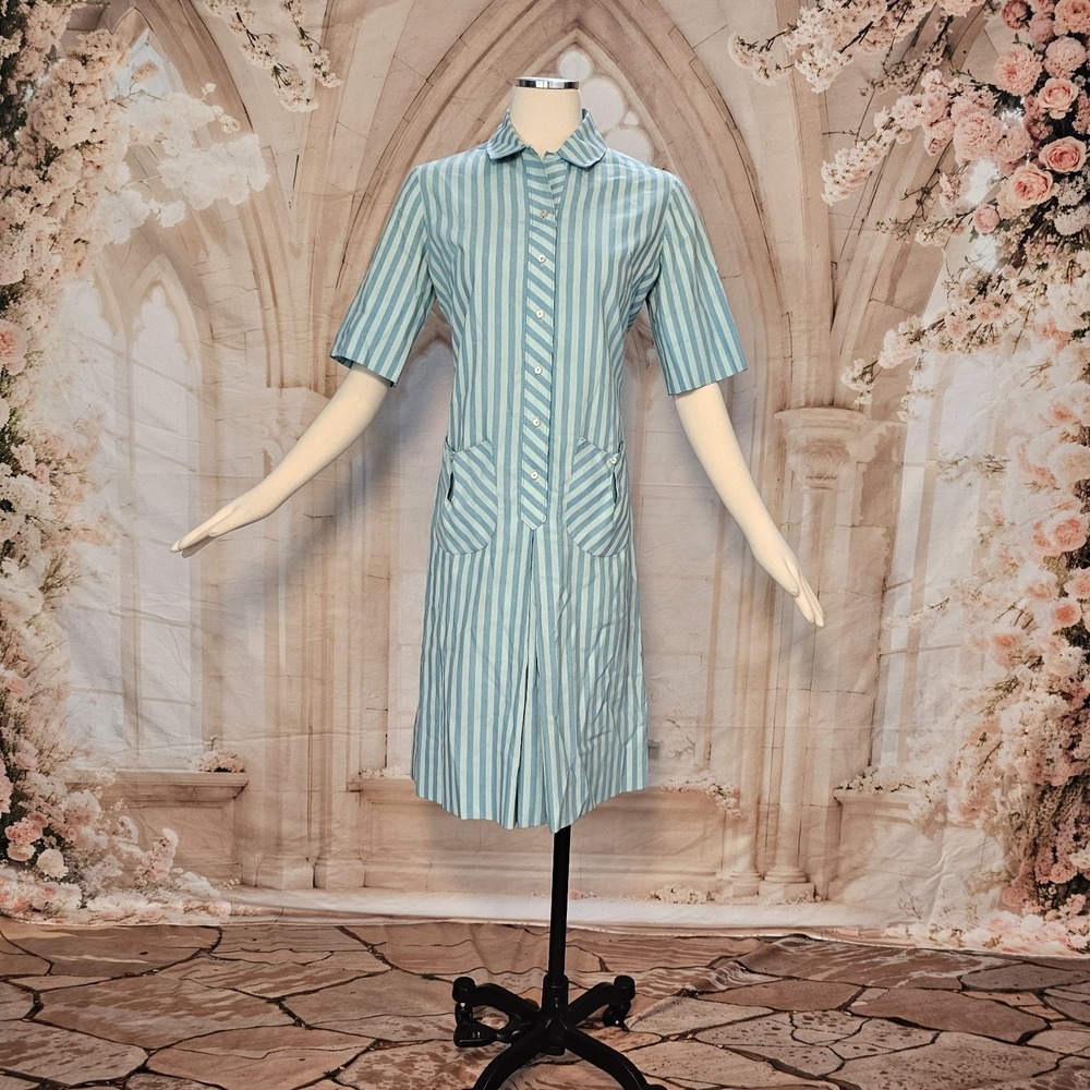 Vintage 1960's Dress Shift Mod Blue Stripe Pockets Collar Short Sleeves Westbury